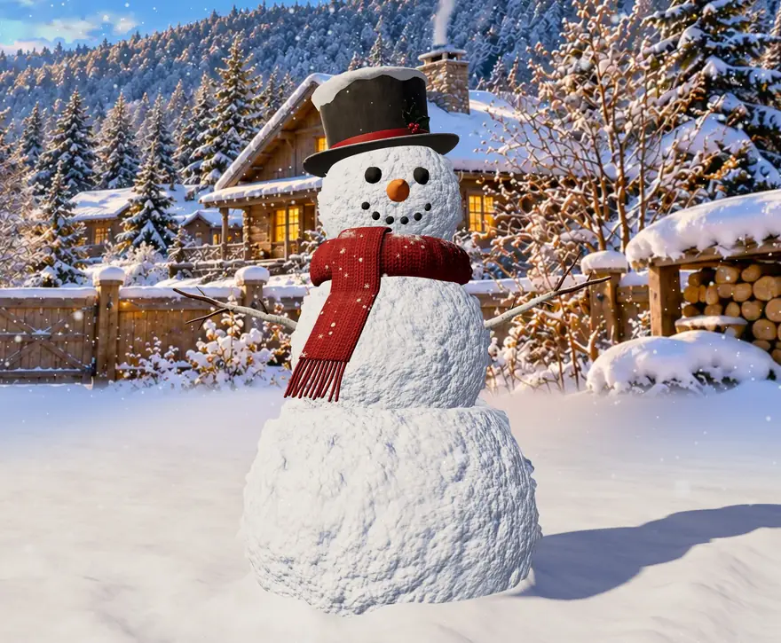 The free snowman in a top hat and red knit scarf, in the Snowy yard by day