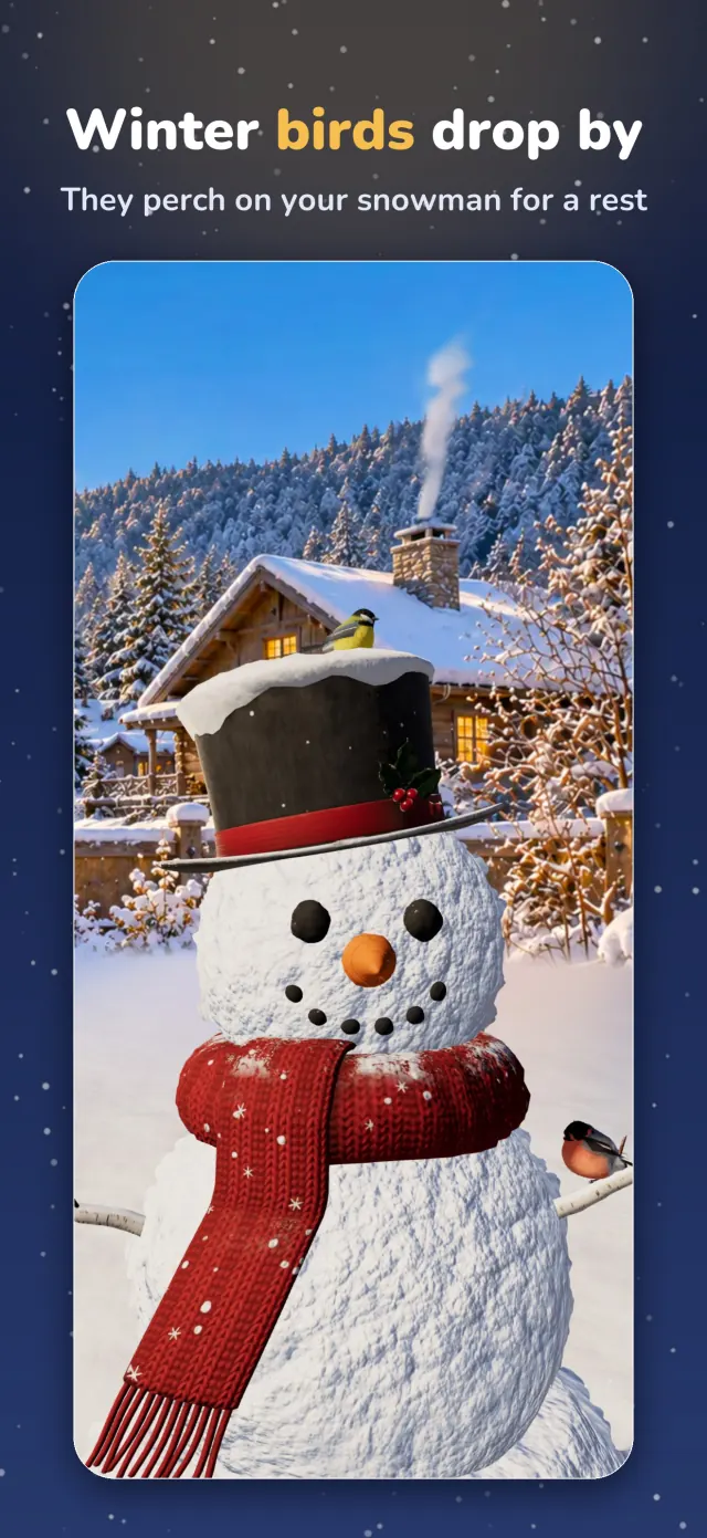 Snowman store screenshot: Winter birds drop by, with two birds perched on the snowman