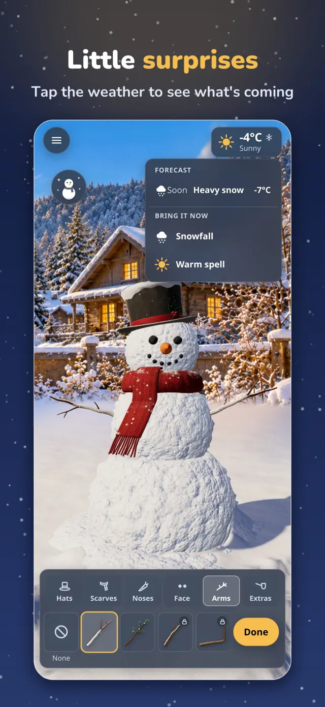 Snowman store screenshot: Little surprises, with the weather's forecast open over the snowman