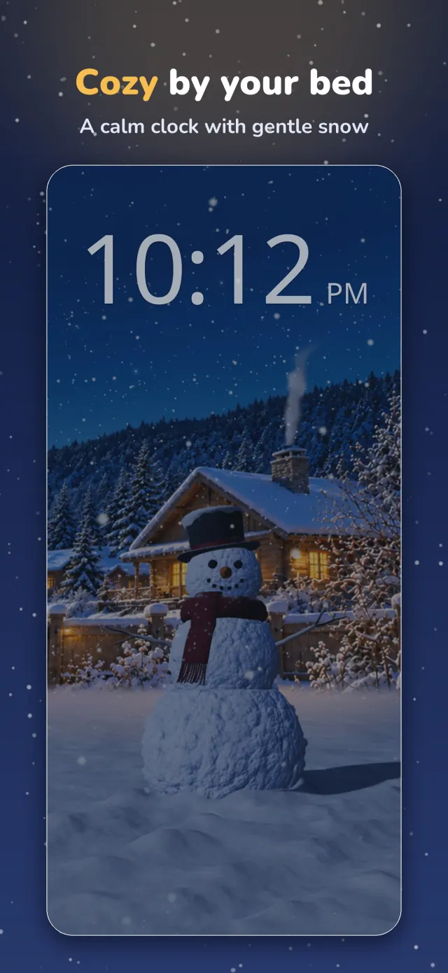 Snowman store screenshot: Cozy by your bed, with the Nightstand's clock over the snowman at night