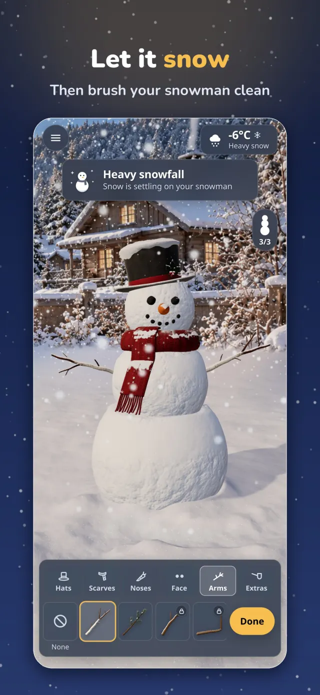 Snowman store screenshot: Let it snow, with a heavy snowfall settling on the snowman