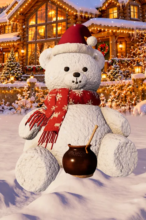 A snow teddy bear in a Santa hat and red scarf with a honey pot, in the Christmas yard at golden hour