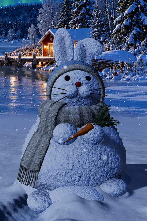 A snow bunny in a grey knit hat and scarf holding a carrot, by the frozen lake at night