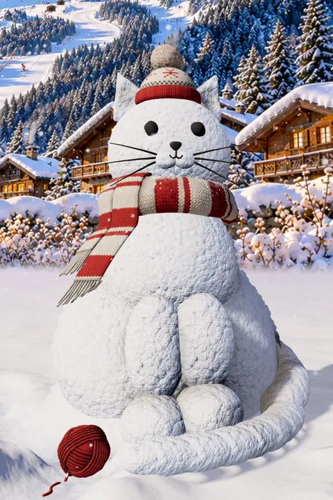 A snow cat in a knit hat and striped scarf with a ball of yarn, in the Alpine village