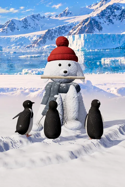 A snow dog in a red bobble hat holding a stick, with three penguins, in Antarctica